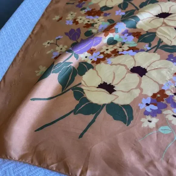 Vintage Silk? Floral Handmade Printed Scarf Orange White Yellow Square 24x24 - Picture 6 of 15